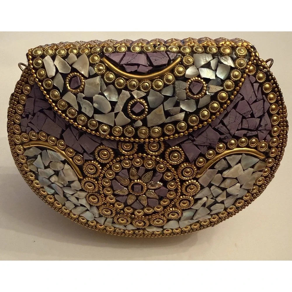 Ramla Bag Clutch Shoulder Bag Lavender‎ Gold White Stone Party Formal Event New